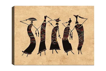 Canvastavla 70x100 cm - Fem stiliserade kvinnor som dansar med traditionella kläder och accessoarer - Svart / Röd / Grön - Inredning - Tavlor & posters - Canvastavla