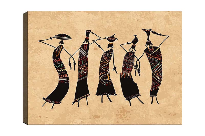 Canvastavla 70x100 cm - Fem stiliserade kvinnor som dansar med traditionella kläder och accessoarer, Svart / Röd / Grön