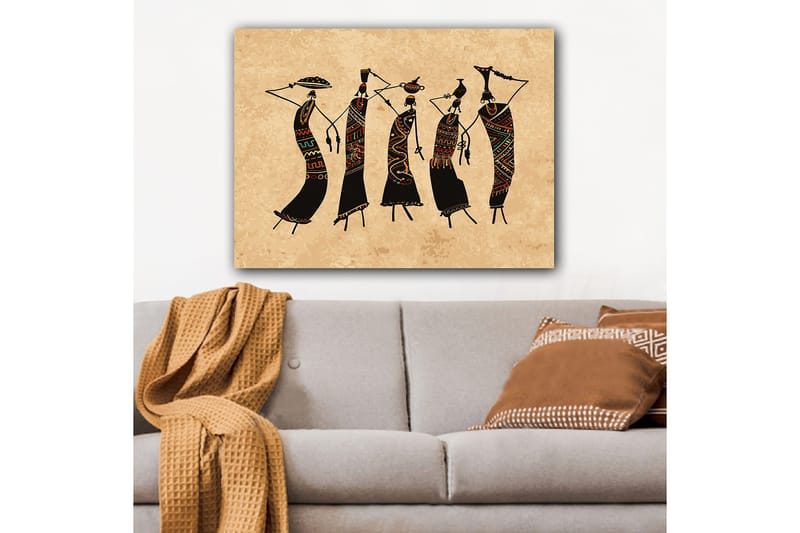 Canvastavla 70x100 cm - Fem stiliserade kvinnor som dansar med traditionella kläder och accessoarer - Svart / Röd / Grön - Inredning - Tavlor & posters - Canvastavla
