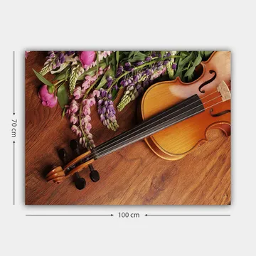 Canvastavla 70x100 cm - Fiol omgiven av färgglada blommor - Lila / Rosa / Brun - Inredning - Tavlor & posters - Canvastavla