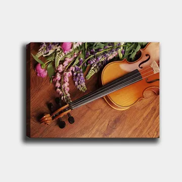 Canvastavla 70x100 cm - Fiol omgiven av färgglada blommor - Lila / Rosa / Brun - Inredning - Tavlor & posters - Canvastavla