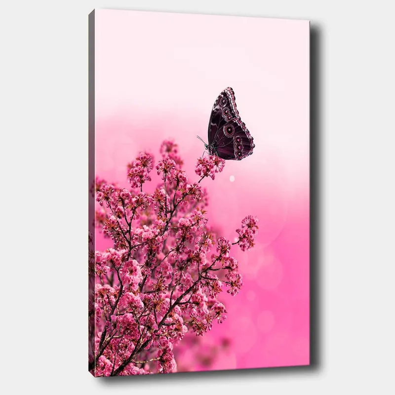 Canvastavla 70x100 cm - Fjäril som sitter på en blommande gren med rosa blommor, Mörk rosa / Ljus rosa / Svart