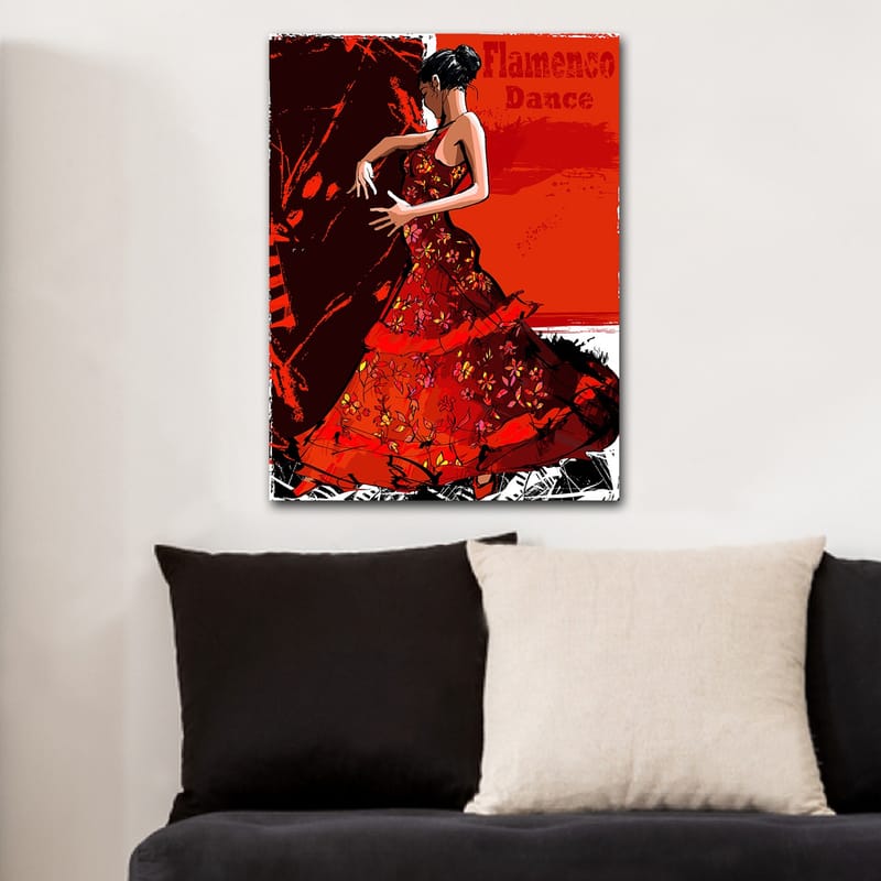 Canvastavla 70x100 cm - Flamencodansös i en röd klänning som uttrycker rörelse och passion - Röd / Mörkröd / Svart - Inredning - Tavlor & posters - Canvastavla