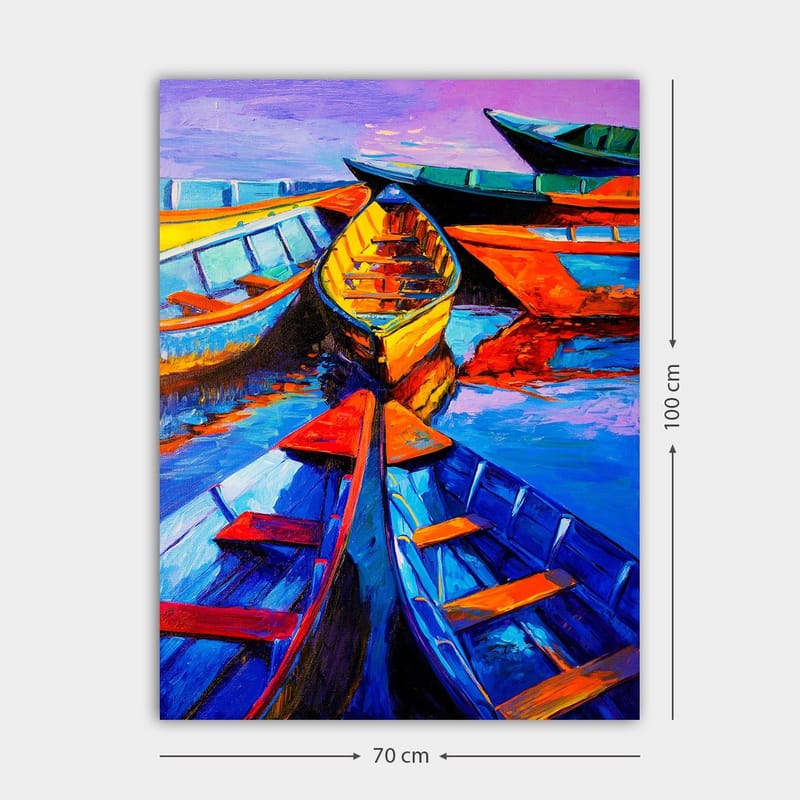 Canvastavla 70x100 cm - Flera färgglada båtar som ligger i en samling vid vattenytan - Blå / Orange / Gul - Inredning - Tavlor & posters - Canvastavla