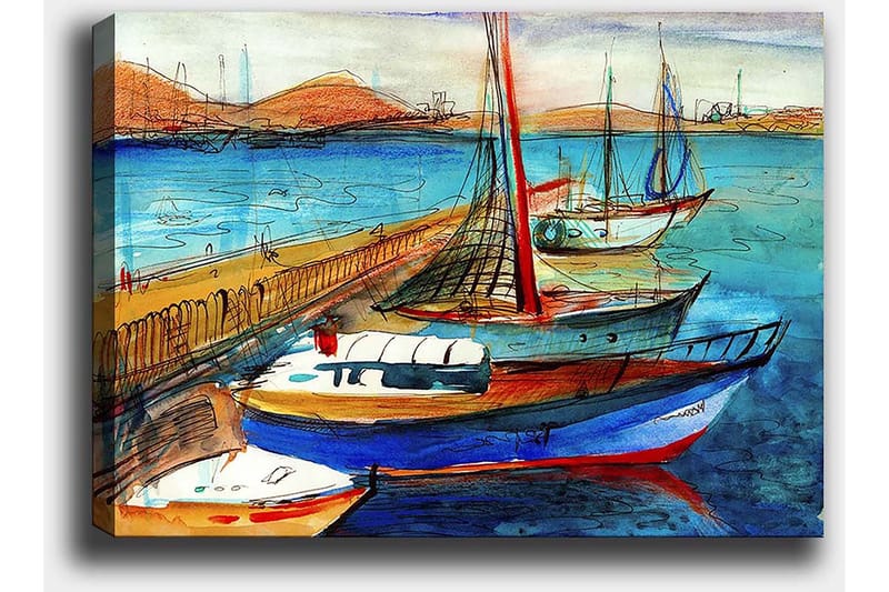 Canvastavla 70x100 cm - Flera färgglada båtar vid en hamn med en vacker havsutsikt - Blå / Röd / Beige - Inredning - Tavlor & posters - Canvastavla