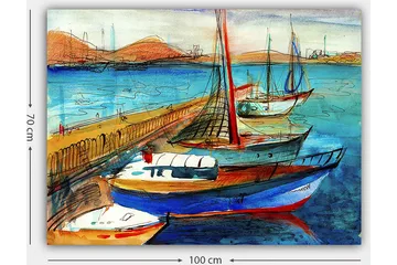 Canvastavla 70x100 cm - Flera färgglada båtar vid en hamn med en vacker havsutsikt - Blå / Röd / Beige - Inredning - Tavlor & posters - Canvastavla