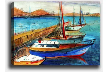 Canvastavla 70x100 cm - Flera färgglada båtar vid en hamn med en vacker havsutsikt - Blå / Röd / Beige - Inredning - Tavlor & posters - Canvastavla