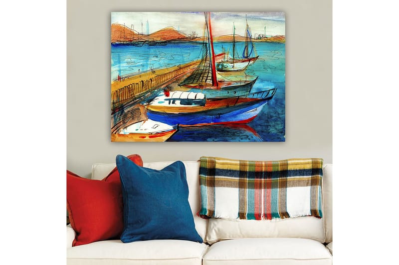Canvastavla 70x100 cm - Flera färgglada båtar vid en hamn med en vacker havsutsikt, Blå / Röd / Beige