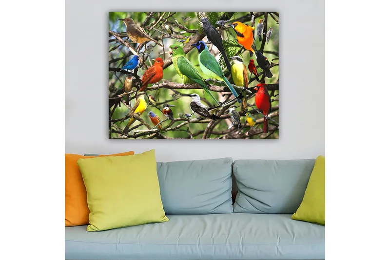 Canvastavla 70x100 cm - Flera färgglada fåglar som sitter på grenar i en livlig naturmiljö, Grön / Röd / Blå