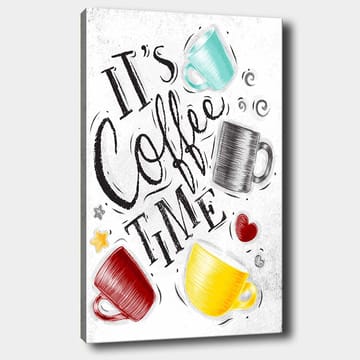 Canvastavla 70x100 cm - Flera färgglada kaffekoppar med texten It's Coffee Time - Turkos / Röd / Gul - Inredning - Tavlor & posters - Canvastavla