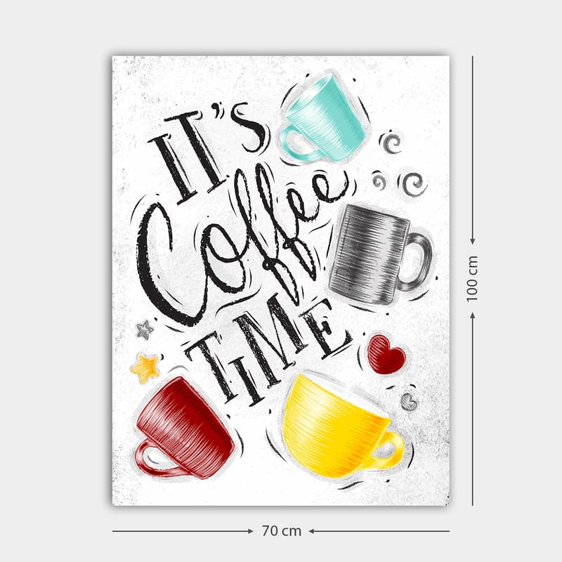 Canvastavla 70x100 cm - Flera färgglada kaffekoppar med texten It's Coffee Time - Turkos / Röd / Gul - Inredning - Tavlor & posters - Canvastavla