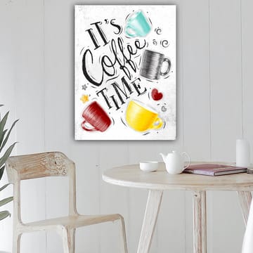 Canvastavla 70x100 cm - Flera färgglada kaffekoppar med texten It's Coffee Time - Turkos / Röd / Gul - Inredning - Tavlor & posters - Canvastavla