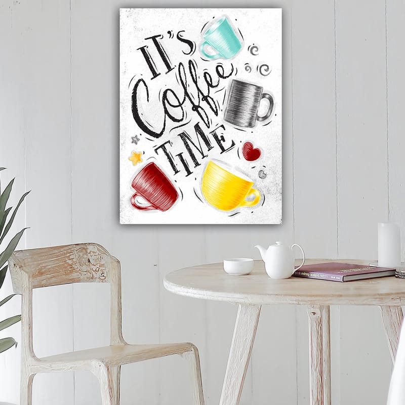 Canvastavla 70x100 cm - Flera färgglada kaffekoppar med texten It's Coffee Time - Turkos / Röd / Gul - Inredning - Tavlor & posters - Canvastavla