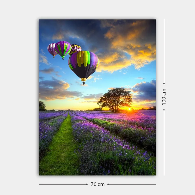 Canvastavla 70x100 cm - Flera färgglada luftballonger sväva över ett lavendelfält i solnedgångens ljus - Lila / Grön / Svart - Inredning - Tavlor & posters - Canvastavla