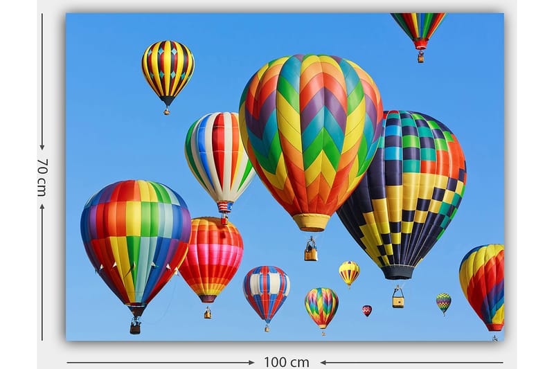 Canvastavla 70x100 cm - Flera färgglada varmluftsballonger sväva i en klar blå himmel - Röd / Grön / Gul - Inredning - Tavlor & posters - Canvastavla