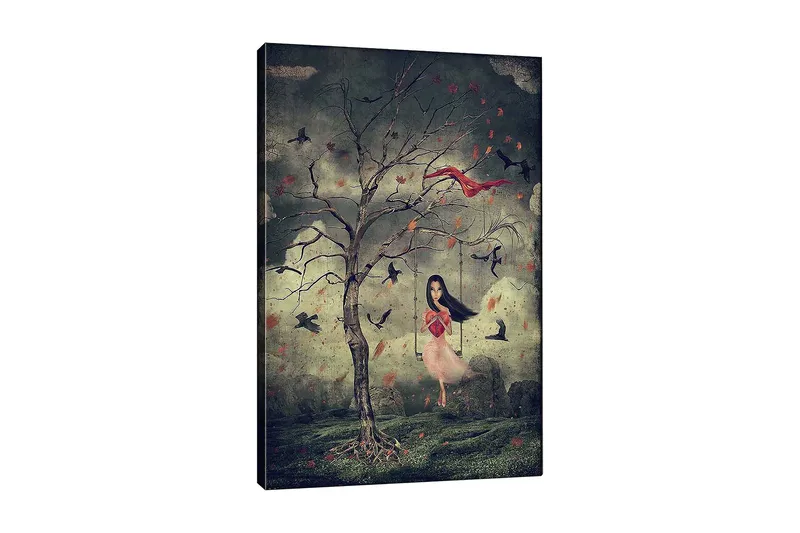Canvastavla 70x100 cm - Flicka i en rosa klänning svänger från ett träd i en drömlik miljö med fåglar som svävar omkring henne - Mörkgrön / Röd / Rosa - Inredning - Tavlor & posters - Canvastavla