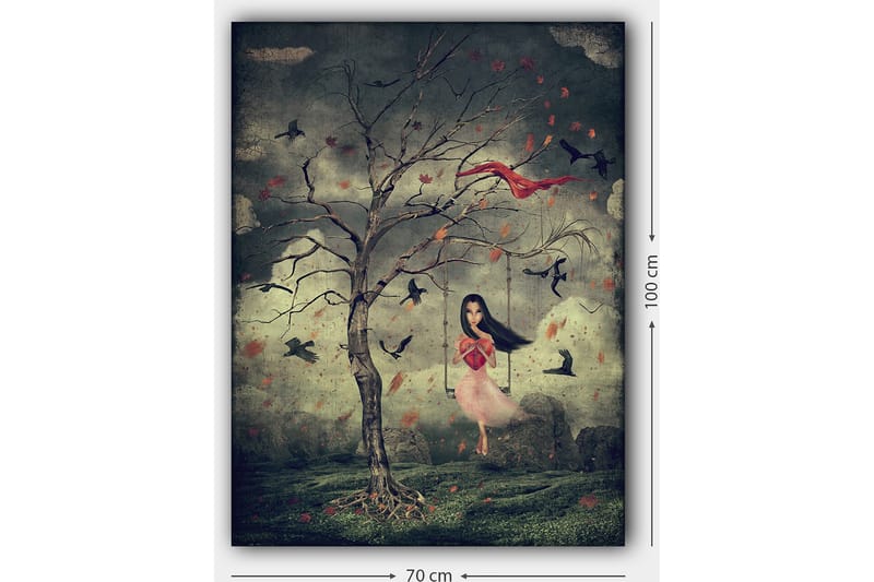 Canvastavla 70x100 cm - Flicka i en rosa klänning svänger från ett träd i en drömlik miljö med fåglar som svävar omkring henne - Mörkgrön / Röd / Rosa - Inredning - Tavlor & posters - Canvastavla