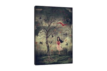 Canvastavla 70x100 cm - Flicka i en rosa klänning svänger från ett träd i en drömlik miljö med fåglar som svävar omkring henne - Mörkgrön / Röd / Rosa - Inredning - Tavlor & posters - Canvastavla