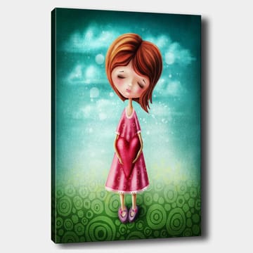 Canvastavla 70x100 cm - Flicka som håller ett stort rött hjärta framför sig, klädd i en rosa klänning - Rosa / Röd / Grön - Inredning - Tavlor & posters - Canvastavla