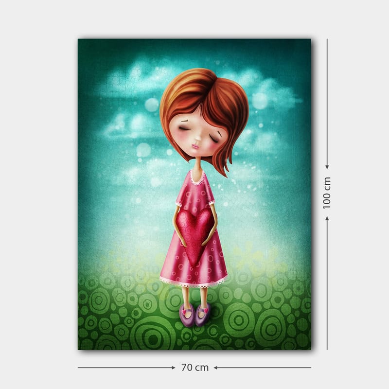 Canvastavla 70x100 cm - Flicka som håller ett stort rött hjärta framför sig, klädd i en rosa klänning - Rosa / Röd / Grön - Inredning - Tavlor & posters - Canvastavla