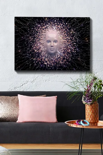 Canvastavla 70x100 cm - Futuristisk ansiktsmask omgiven av en strålande aura av geometriska former - Ljusrosa / Vit / Svart - Inredning - Tavlor & posters - Canvastavla
