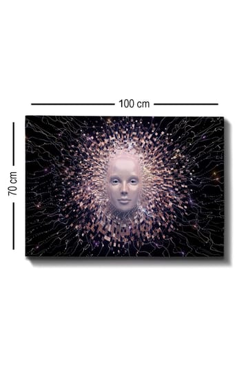 Canvastavla 70x100 cm - Futuristisk ansiktsmask omgiven av en strålande aura av geometriska former - Ljusrosa / Vit / Svart - Inredning - Tavlor & posters - Canvastavla