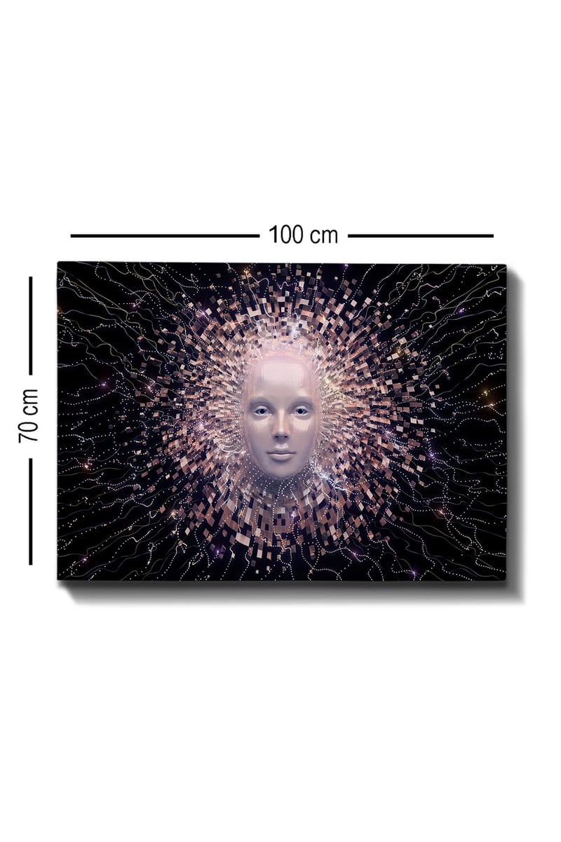 Canvastavla 70x100 cm - Futuristisk ansiktsmask omgiven av en strålande aura av geometriska former - Ljusrosa / Vit / Svart - Inredning - Tavlor & posters - Canvastavla