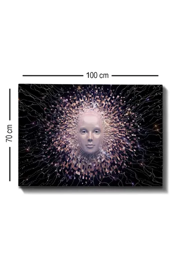 Canvastavla 70x100 cm - Futuristisk ansiktsmask omgiven av en strålande aura av geometriska former - Ljusrosa / Vit / Svart - Inredning - Tavlor & posters - Canvastavla