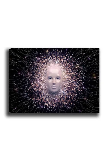 Canvastavla 70x100 cm - Futuristisk ansiktsmask omgiven av en strålande aura av geometriska former - Ljusrosa / Vit / Svart - Inredning - Tavlor & posters - Canvastavla