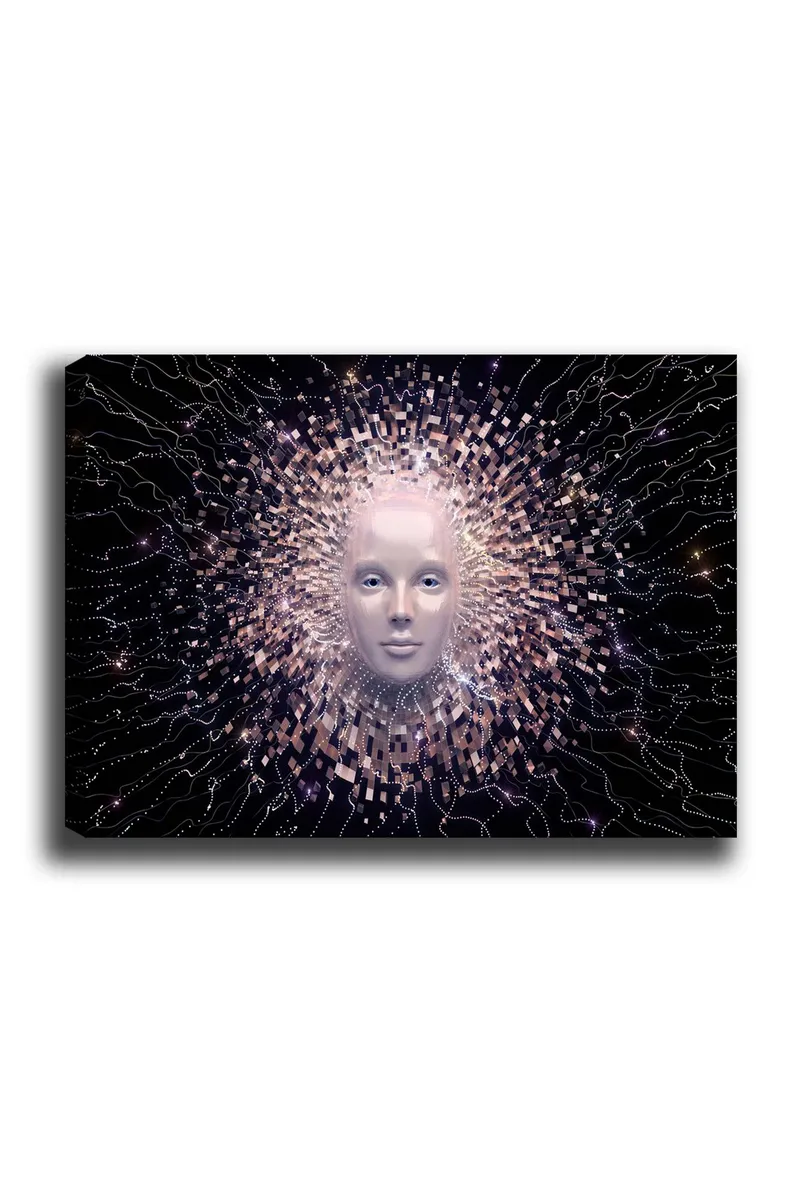 Canvastavla 70x100 cm - Futuristisk ansiktsmask omgiven av en strålande aura av geometriska former, Ljusrosa / Vit / Svart
