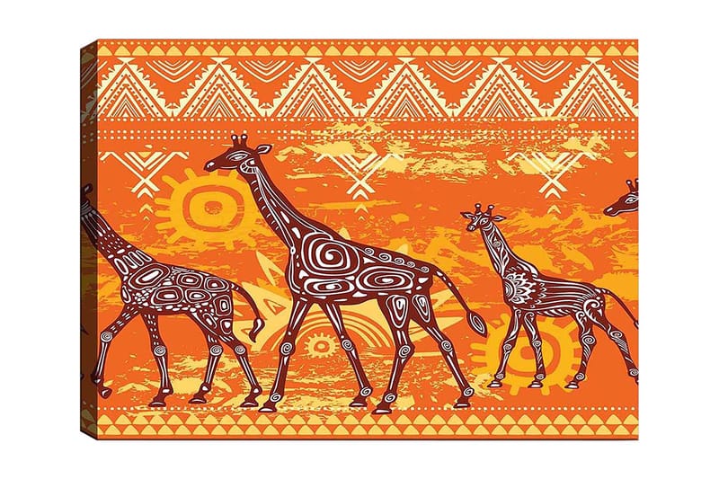 Canvastavla 70x100 cm - Fyra giraffer i en färgglad och stiliserad design, Orange / Brun / Vit