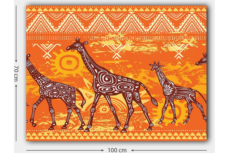 Canvastavla 70x100 cm - Fyra giraffer i en färgglad och stiliserad design - Orange / Brun / Vit - Inredning - Tavlor & posters - Canvastavla