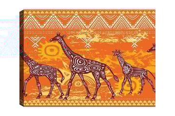 Canvastavla 70x100 cm - Fyra giraffer i en färgglad och stiliserad design - Orange / Brun / Vit - Inredning - Tavlor & posters - Canvastavla