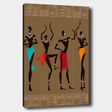 Canvastavla 70x100 cm - Fyra stiliserade kvinnor i traditionella kläder som representerar olika element - Mörkbrun / Turkos / Röd - Inredning - Tavlor & posters - Canvastavla