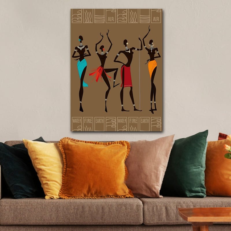 Canvastavla 70x100 cm - Fyra stiliserade kvinnor i traditionella kläder som representerar olika element - Mörkbrun / Turkos / Röd - Inredning - Tavlor & posters - Canvastavla