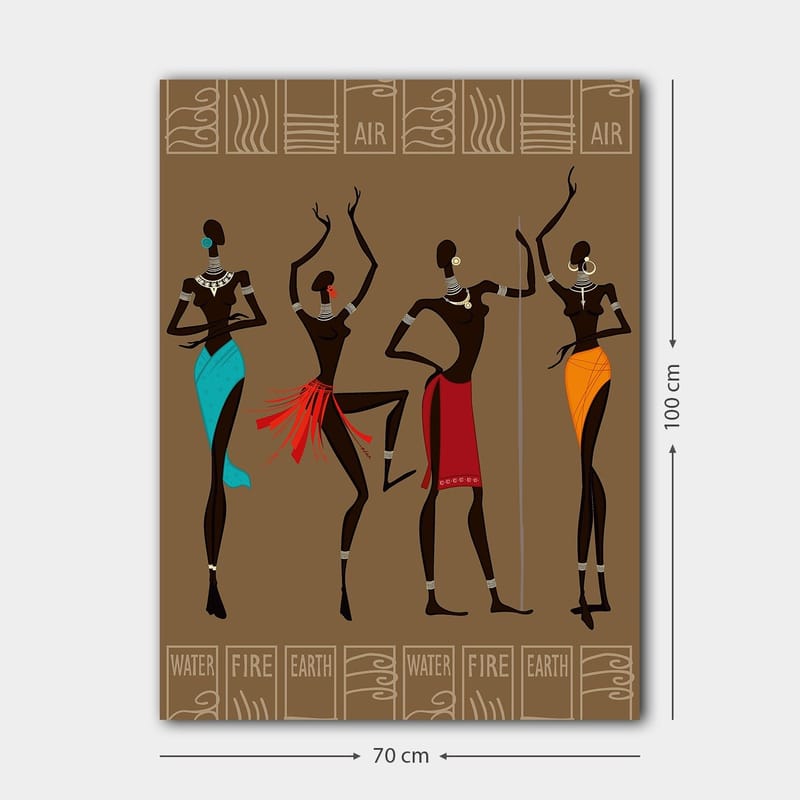 Canvastavla 70x100 cm - Fyra stiliserade kvinnor i traditionella kläder som representerar olika element - Mörkbrun / Turkos / Röd - Inredning - Tavlor & posters - Canvastavla