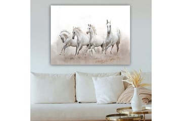 Canvastavla 70x100 cm - Fyra vita hästar som galopperar framåt i en dimmig miljö - Vit / Ljusgrå - Inredning - Tavlor & posters - Canvastavla