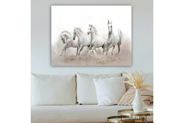 Canvastavla 70x100 cm - Fyra vita hästar som galopperar framåt i en dimmig miljö - Vit / Ljusgrå - Inredning - Tavlor & posters - Canvastavla