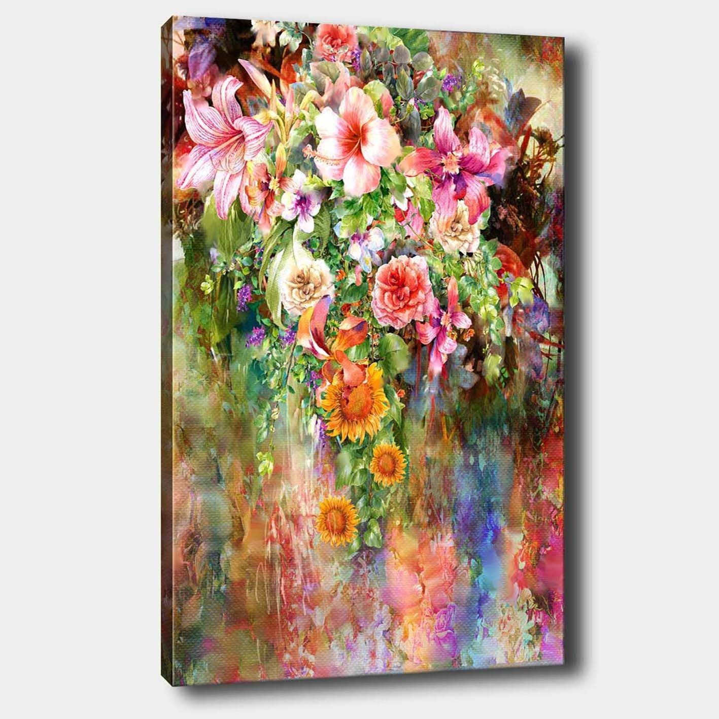 Canvastavla 70x100 cm - Färgsprakande bukett av blommor med olika sorter och nyanser - Rosa / Grön / Orange
