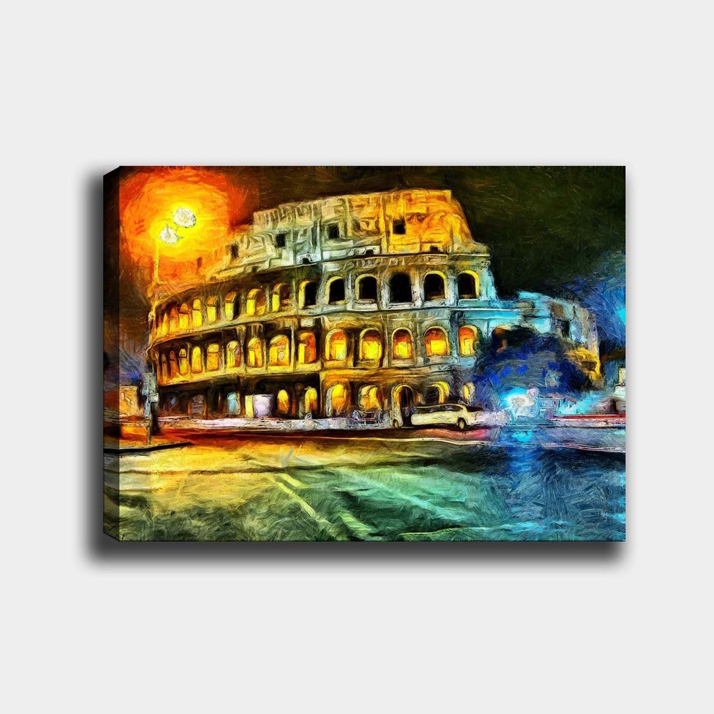 Canvastavla 70x100 cm - Färgstark och impressionistisk avbildning av Colosseum i Rom, belyst av gult och orange ljus - Gult / Blått / Orange