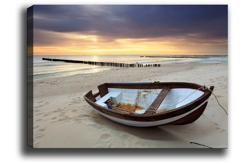 Canvastavla 70x100 cm - Gammal båt på en strand vid solnedgången - Brun / Blå / Vit - Inredning - Tavlor & posters - Canvastavla