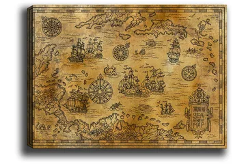 Canvastavla 70x100 cm - Gammal sjökortskarta med detaljerade illustrationer av fartyg och navigationssymboler - Guld / Brun - Inredning - Tavlor & posters - Canvastavla