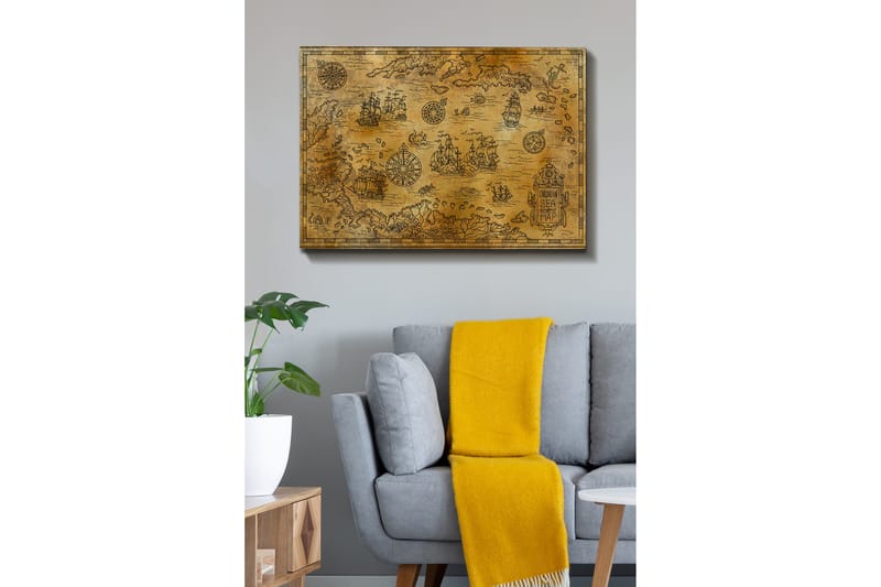 Canvastavla 70x100 cm - Gammal sjökortskarta med detaljerade illustrationer av fartyg och navigationssymboler, Guld / Brun