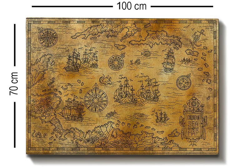 Canvastavla 70x100 cm - Gammal sjökortskarta med detaljerade illustrationer av fartyg och navigationssymboler - Guld / Brun - Inredning - Tavlor & posters - Canvastavla