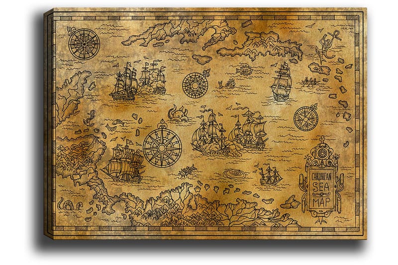 Canvastavla 70x100 cm - Gammal sjökortskarta med detaljerade illustrationer av fartyg och navigationssymboler - Guld / Brun - Inredning - Tavlor & posters - Canvastavla