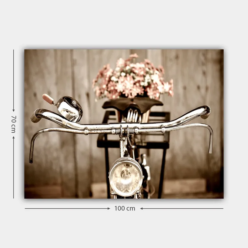 Canvastavla 70x100 cm - Gammaldags cykel med blommor i korgen - Silver / Rosa / Svart - Inredning - Tavlor & posters - Canvastavla