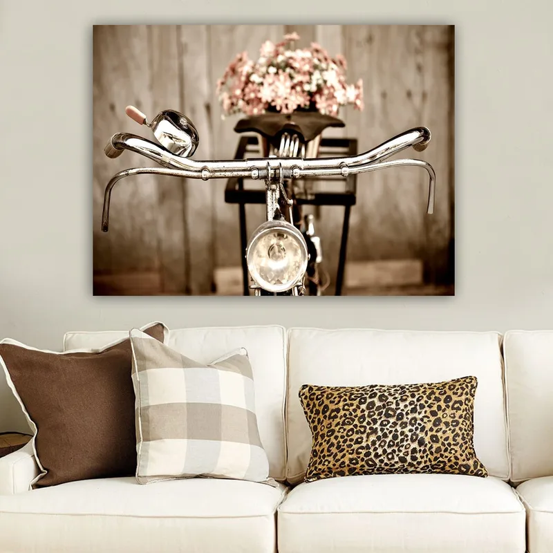 Canvastavla 70x100 cm - Gammaldags cykel med blommor i korgen - Silver / Rosa / Svart - Inredning - Tavlor & posters - Canvastavla
