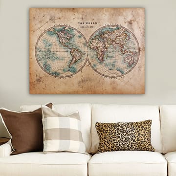 Canvastavla 70x100 cm - Gammaldags världskarta med två hemisfärer som visar kontinenter och hav - Blå / Brun / Beige - Inredning - Tavlor & posters - Canvastavla
