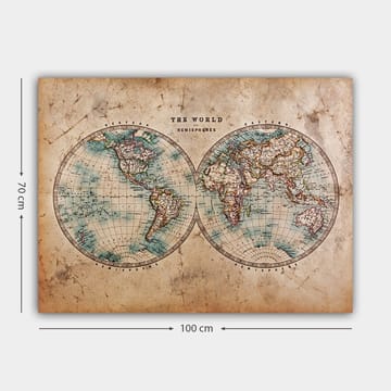 Canvastavla 70x100 cm - Gammaldags världskarta med två hemisfärer som visar kontinenter och hav - Blå / Brun / Beige - Inredning - Tavlor & posters - Canvastavla