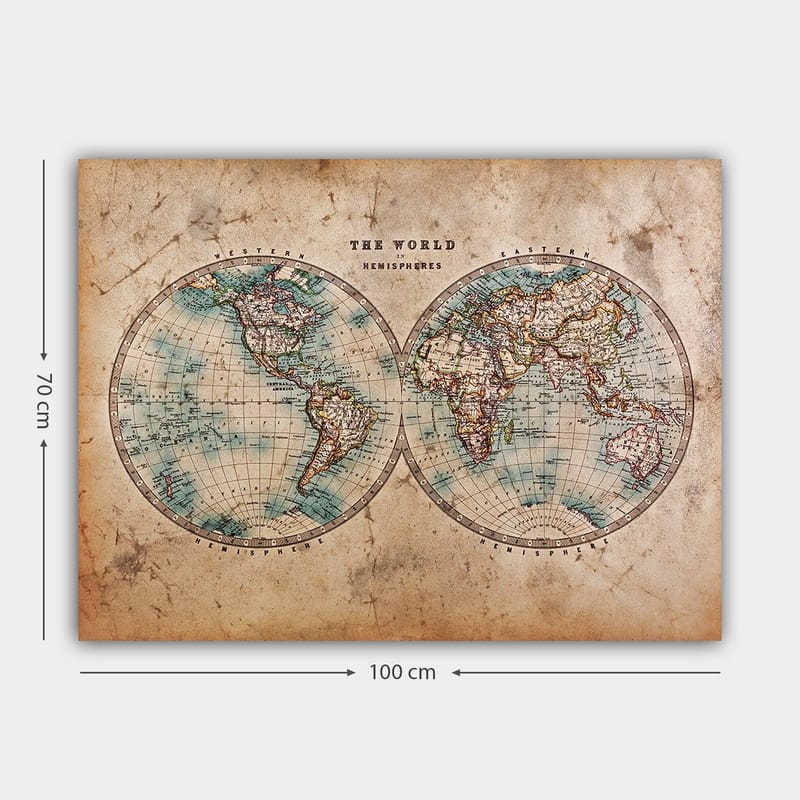 Canvastavla 70x100 cm - Gammaldags världskarta med två hemisfärer som visar kontinenter och hav - Blå / Brun / Beige - Inredning - Tavlor & posters - Canvastavla